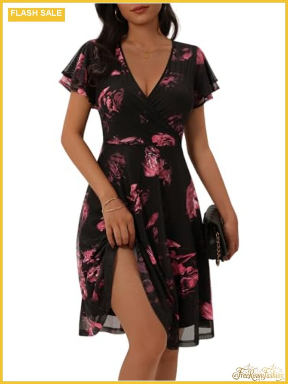 Floral Wrap V-Neck Knee Length Mesh Dress for Wedding Guest Cocktail Party